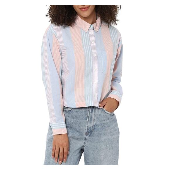 American Eagle Womens Button Up Top Large Colorful Patchwork Stripes Boxy Pastel - Picture 1 of 7